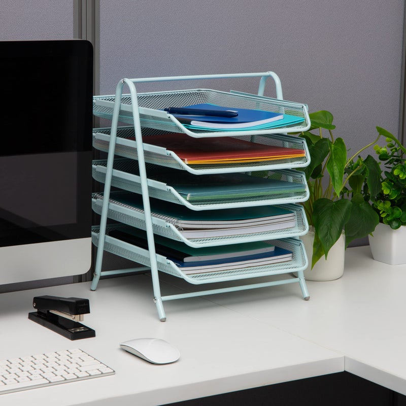 Mind Reader 5-Tier Paper Tray, Desktop Organizer, File Storage, Office, Metal Mesh, 11.75"L x 14"W x 15"H, Blue - Image 2